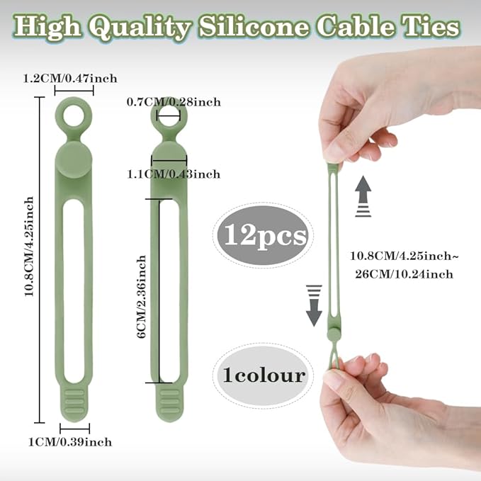 12Pcs Reusable Green Silicone Cord Ties, for Office, Home, Kitchen, School Organization of Electrical Cords, up to 20mm Diameter, 10kg Tensile Strength