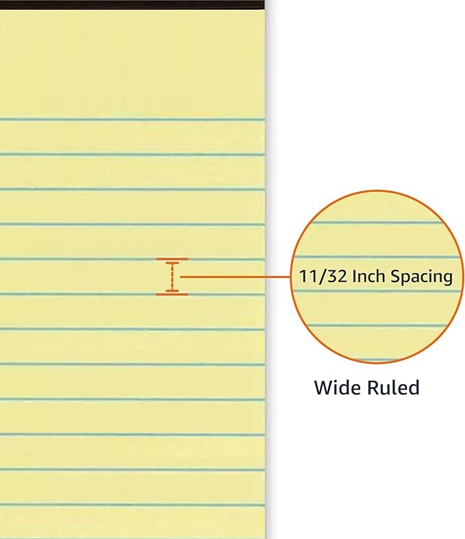 Amazon Basics Wide Ruled Lined Writing Pads, 8.5" x 11.75", Canary, 12-Pack of 50 Perforated Sheets, Sturdy Backing