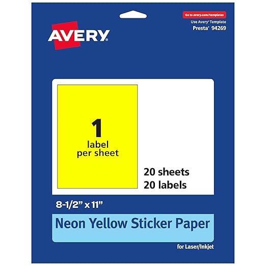 Avery Printable Sticker Paper, 8-1/2" x 11", Full-Sheet Labels, Neon Yellow Labels, Laser/Inkjet Printable, 20 Total, Great for Packaging and Stickers