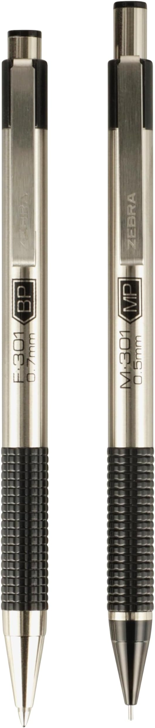 Zebra Pen Stainless Steel Writing Set, M-301 Mechanical Pencil and F-301 0.7mm Ballpoint Black Ink Pen, Ideal for Note-Taking, Sketching and Journaling, 2-Pack (57011)