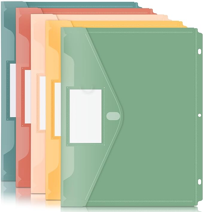 Forvencer Binder Pocket, 5 Pack Super Heavyweight Plastic Folders with Tight Closure, Binder Folders Side Loading, 3 Ring Binder Pocket, Binder Dividers with Pockets, Letter Size, Retro Series