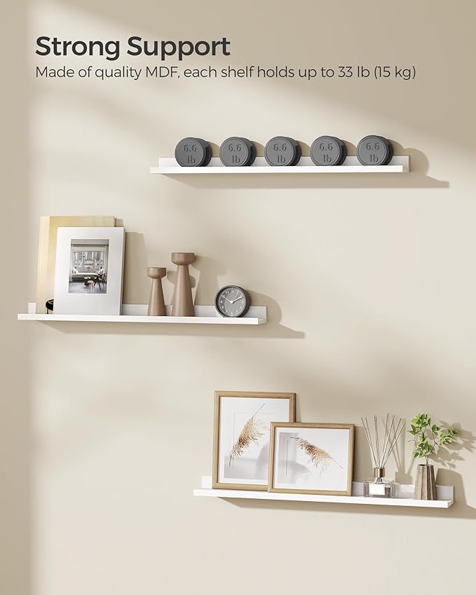 SONGMICS Floating Shelves, Set of 3 Wall Shelves, 31.5-Inch Wide, for Photo Frames and Trinkets, for Living Room, Home Office, Kitchen, Bathroom, White ULWS081W01