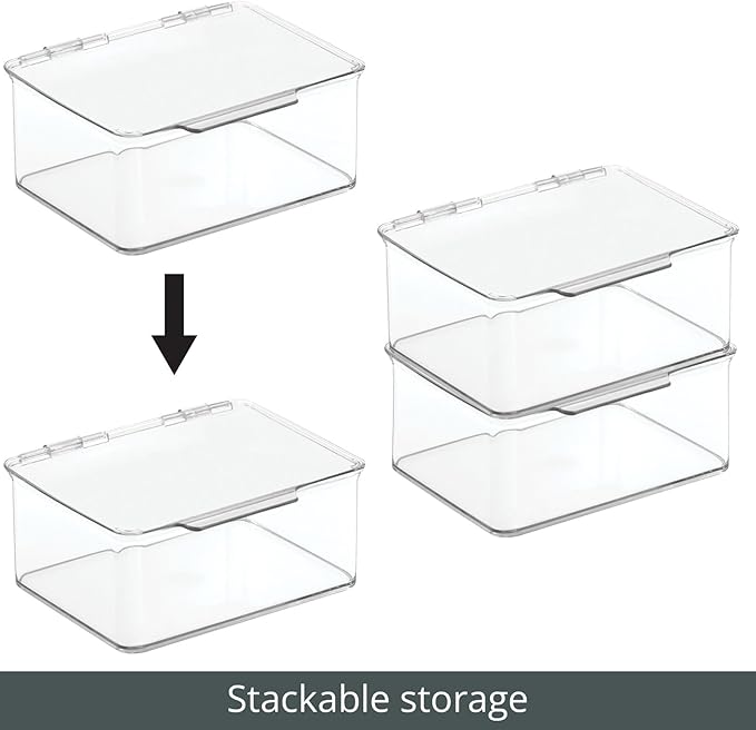 mDesign Small Plastic Home Office Storage Organizer Box Containers w/Hinged Lid for Desktops - Holds Pens, Pencils, Sticky Notes, Highlighters, Staples, Supplies - Lumiere Collection, Clear