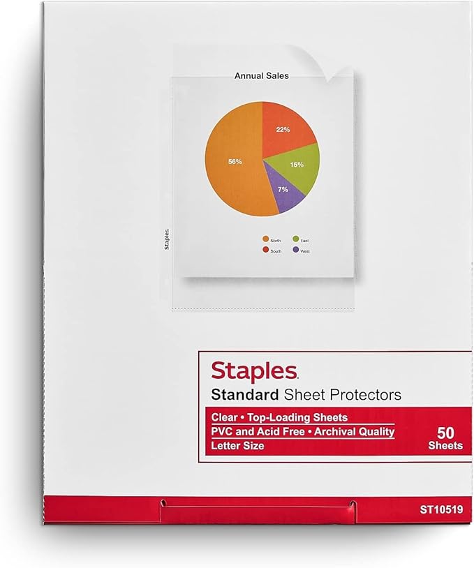 Staples Sheet Protectors, 8.5" x 11" – Standard Weight Clear Page Protectors for Binders, 50-Pack
