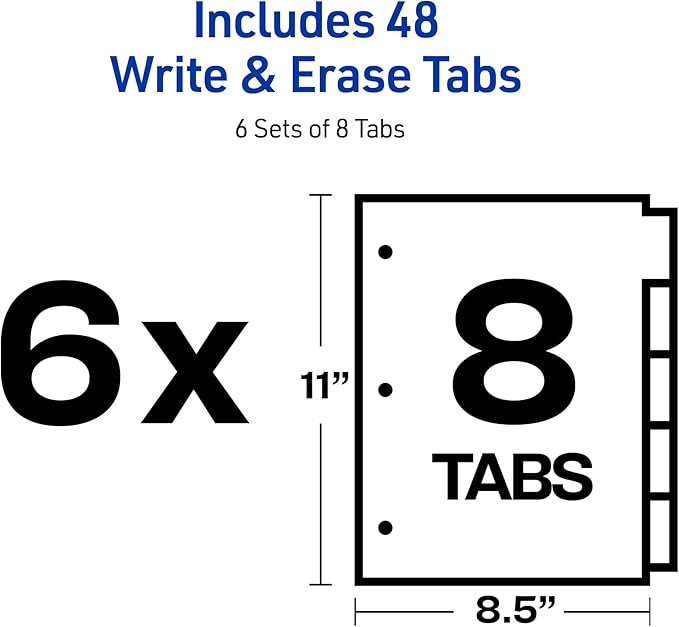 Avery Big Tab Write & Erase 8 Tab Dividers for 3 Ring Binders, Multicolor Divider Tabs, Great for Organizing Projects, Reports, Finances, 6-Pack (23079)