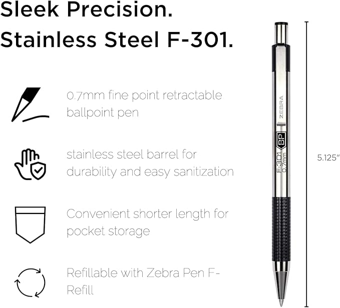 Zebra Pen F-301 Ballpoint Black, Blue, Red and Green Ink, Fine Point 0.7mm Pen, Easy-Glide Ink, Stainless Steel Retractable, Non-Slip Grip, Professional Design, Ideal for Office, 4-Pack (27174)