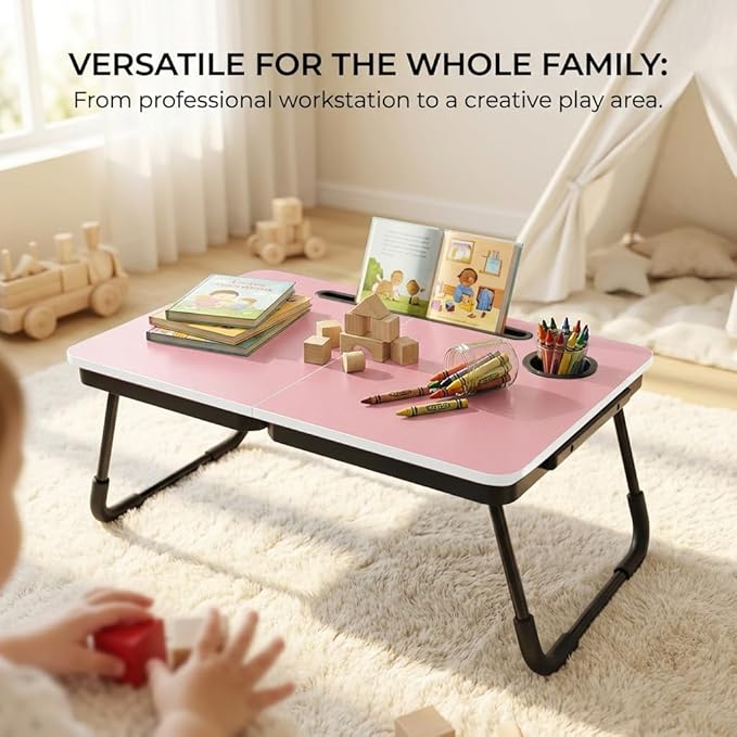 BUYIFY Foldable Laptop Bed Desk for Couch, Sofa - Large Lap Desk Tray Table with Cup Holder and Tablet Slot - Portable Notebook Stand for Eating, Writing, Studying and WFH (Pink)