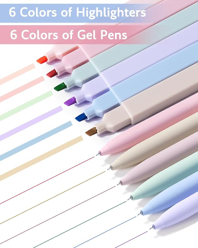 Bible Highlighters and Pens No Bleed, Cute Aesthetic Highlighters Pastel Gel Pens Colored Ink Quick Dry for Bible Journaling, Morandi Pens and Highlighters Set School Supplies, 12 Pack