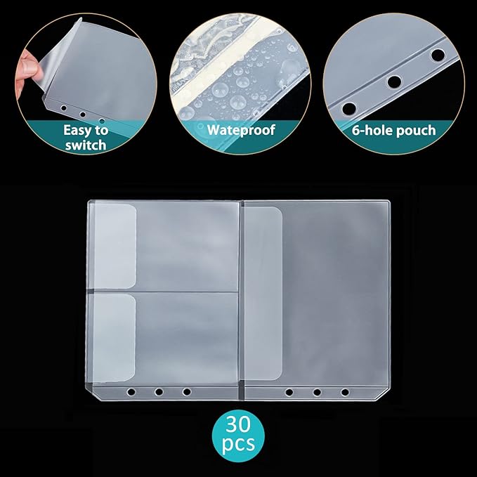 30pcs A5 Binder Pocket no Zipper Budget Planner Inserts Bulk Clear Budget Binder Organizer Cash Envelopes for Budgeting Waterproof PVC Loose Leaf Bags Card Sleeves for 6 Ring Notebook