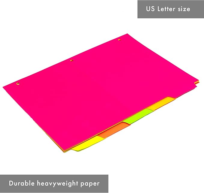 Pukka Pad, 5 Dividers, Binder Notebook File Page Separators, 1 Pack of 5 Tab Set, 8 ½ x 11 in. Neon Colors