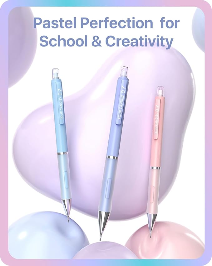 Four Candies Cute Mechanical Pencils 0.9 mm, Pencil Set with 360PCS Lead Refills & Pastel Erasers, School Supplies with Case