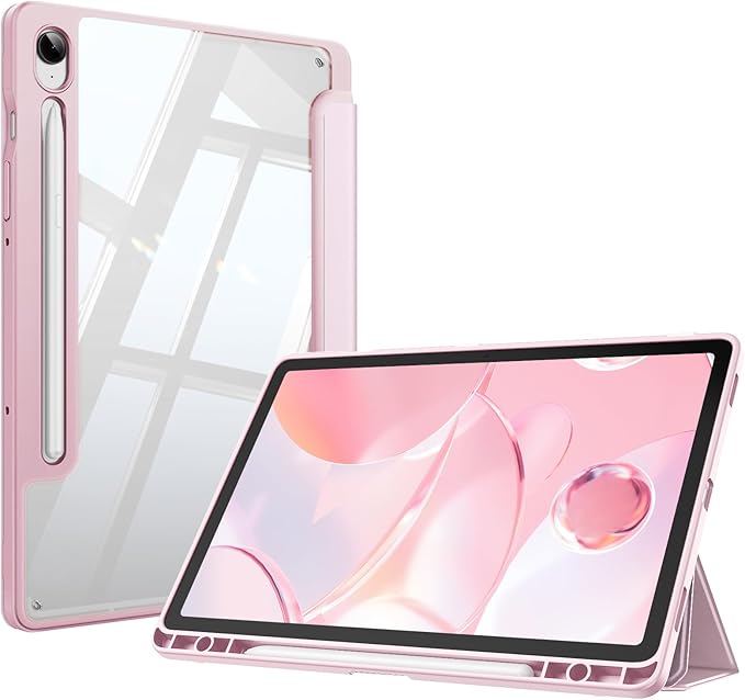 Fintie Hybrid Slim Case for Samsung Galaxy Tab S10 Lite/ S10 FE/ S9 FE 10.9 Inch/Tab S9 11 Inch with S Pen Holder, Shockproof Cover with Clear Transparent Back Shell, Auto Wake/Sleep, Pink