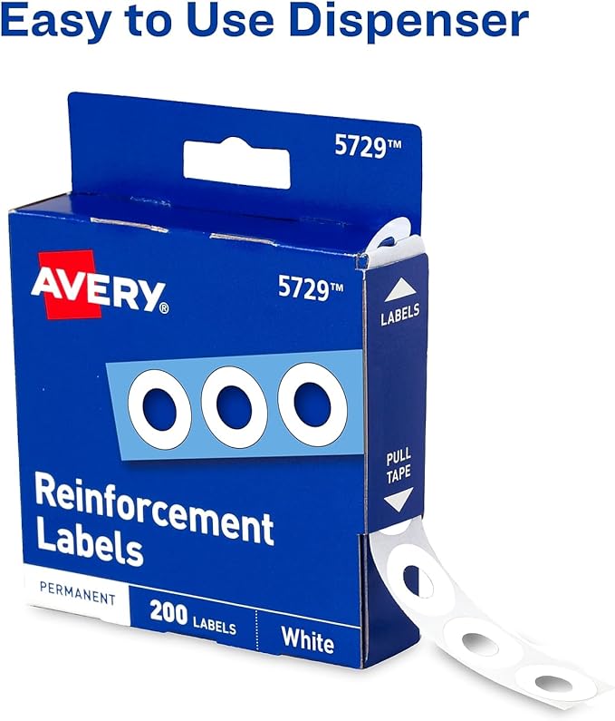 Avery 05729 Self-Adhesive Hole Reinforcement Labels, 1/4-Inch Round, White, 200/PK