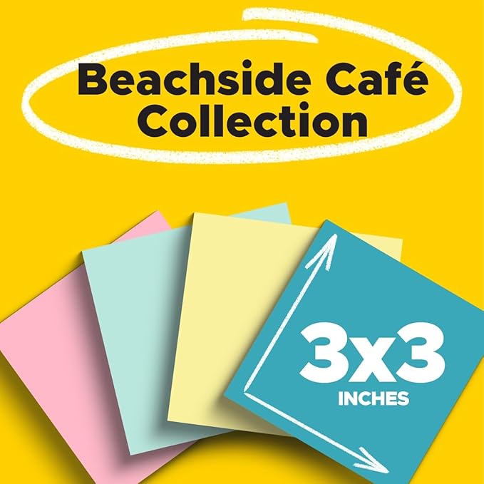 Post-it Notes, 3 in x 3 in, 4 Sticky Note Pads, 50 Sheets per Pad, Beachside Café Collection, New Year Organization or Second Semester School Supplies