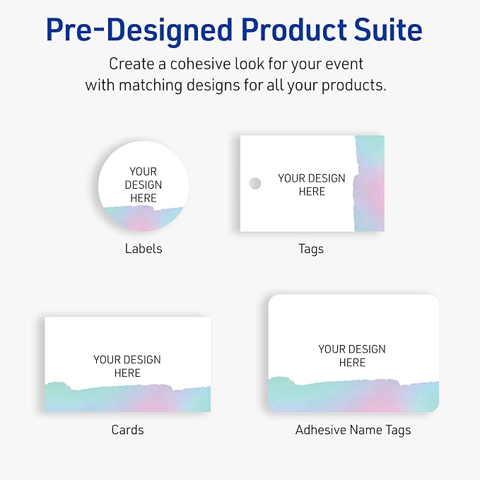 Avery Printable Square Labels with Sure Feed Technology, Pre-Printed Iridescent Watercolors Design, Matte White, 2" x 2", Laser & Inkjet Compatible, 120 Total