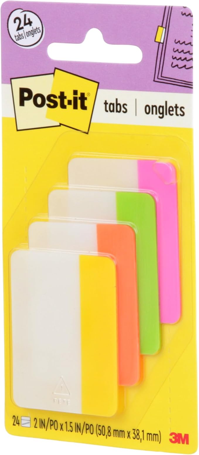 Post-it Tabs, 2 in, Solid, Assorted Bright Colors, 6 Tabs/Color, 4 Colors, 24 Tabs/Pack (686-PLOY)