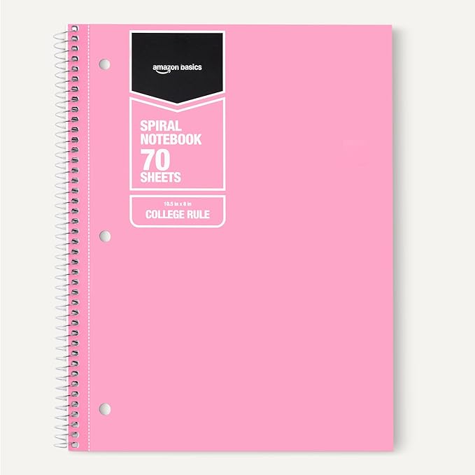 Amazon Basics College-Ruled Spiral Notebook, For Work and School, 70 Sheets, 8" x 10.5", Assorted Pastel Solid Colors, 5-Pack