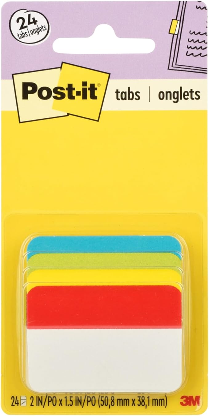 Post-it Tabs, 2 in Angled Solid, Assorted Primary Colors, 6 Tabs/Color, 4 Colors, 24 Tabs/Pack (686A-ALYR)