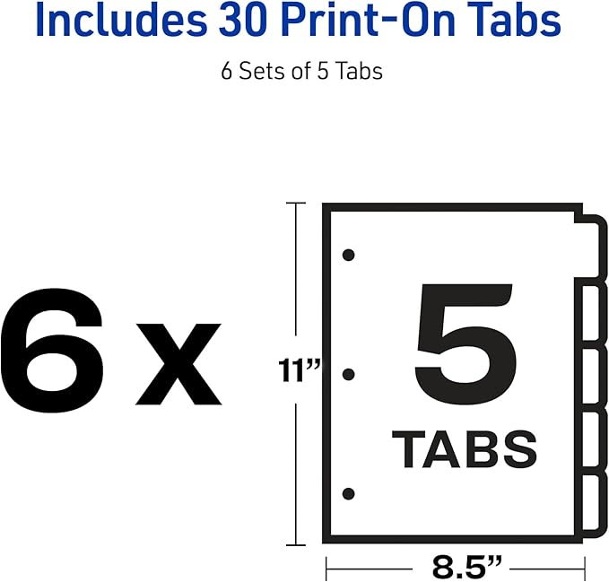 Avery Double Reverse Collated Tab Dividers, Unpunched for Most Binding Systems, Printable with High-Speed Copiers and Offset Presses, White, 5 Tabs per Set (30 Sets of 20405)