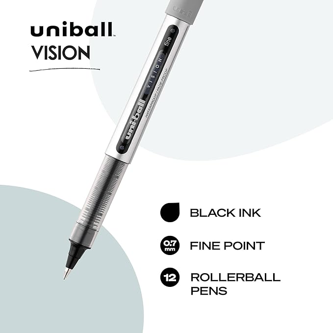 uni-ball(R) Vision(TM) Rollerball Pens, 0.7 mm, Fine Point, Gray Barrel, Black Ink, Pack Of 12, 60126