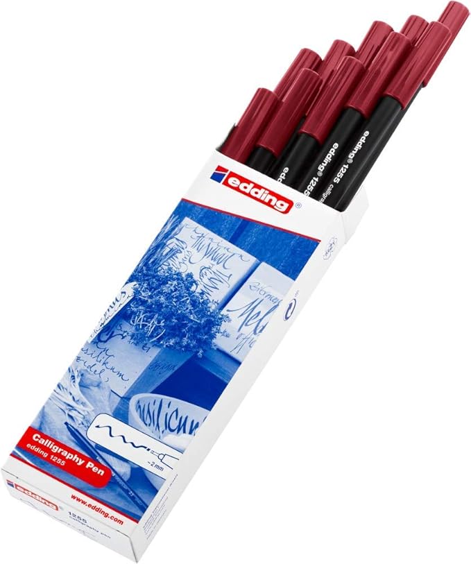 edding 1255 Calligraphy Pen - Crimson Lake - Box of 10 - Calligraphy Nib 3.5 mm - Fibre Pen for Paper, Wood, Terracotta, Canvas - Hand Lettering, Bullet journals, Thank You Cards, Calligraphy Books