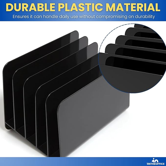 1InTheOffice Inclined File Organizer Desktop, Desk Organizer File Sorter, Plastic Incline Desktop File Sorter, 5 Compartments, Black
