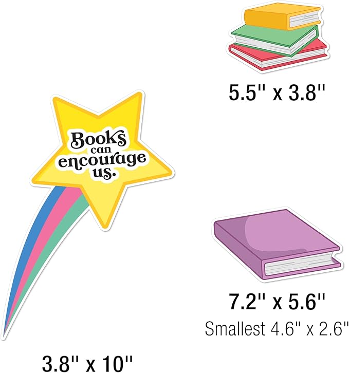 Carson Dellosa 53 pc Bundle Reading is Magic Set, Retro Rainbow, Balloons, Books, and Star Cutouts with Inspirational Quotes for Bulletin Board Classroom Decor