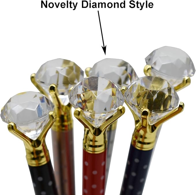 Maydahui 12 PCS Polka Dot Big Diamond Ballpoint Pens Retractable Bling Rhinestone Pen Beautiful Gem Pens 6 Color Black Ink for School Wedding