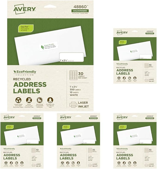 Avery EcoFriendly Recycled Address Labels, 1" x 2-5/8", White, Permanent Label Adhesive, 300 Printable Labels (48860) (Pack of 5)