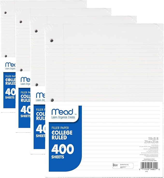 Mead Loose Leaf Paper, College Ruled Filler Notebook Paper, 8-1/2" x 11", 400 Sheets, Fits 3-Ring Binder (170046-ECM) (Pack of 4)