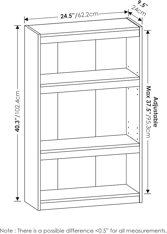 Furinno Jaya Book Shelf, 3-Tier Modern Bookshelf with Adjustable Shelf, Bookcase with Open Shelf, 9.5 x 24.5 x 40.3, for Organization and Storage, for Living Room, Bedroom, Home Office, Darkwood
