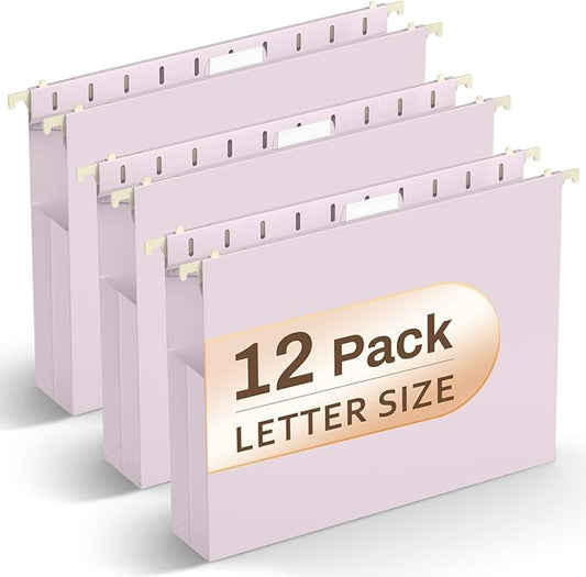 Hanging File Folders Letter Size, 12 Pack File Folders Hanging Folder with 1/5-Cut Tabs, 2" Plastic Filing Folders Hanging, Accordion Pockets for Home Office & Filing Cabinets, 12 Pack, Purple