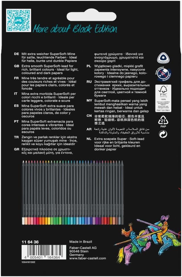 Faber-Castell Black Edition Colored Pencils - 36 Count, Black Wood and Super Soft Core Lead, Neon and Pastel Color Pencil Set, Colored Pencils for Adult Coloring Book, Art Pencils for Beginners