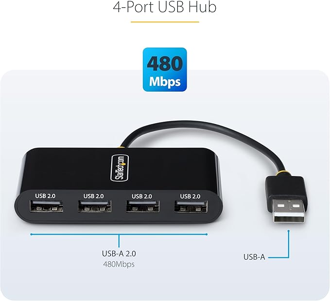 StarTech.com 4-Port USB 2.0 Hub, USB Bus Powered, Small Travel Mini USB Hub, Multi-Port USB 2.0 Splitter, Portable USB Hub