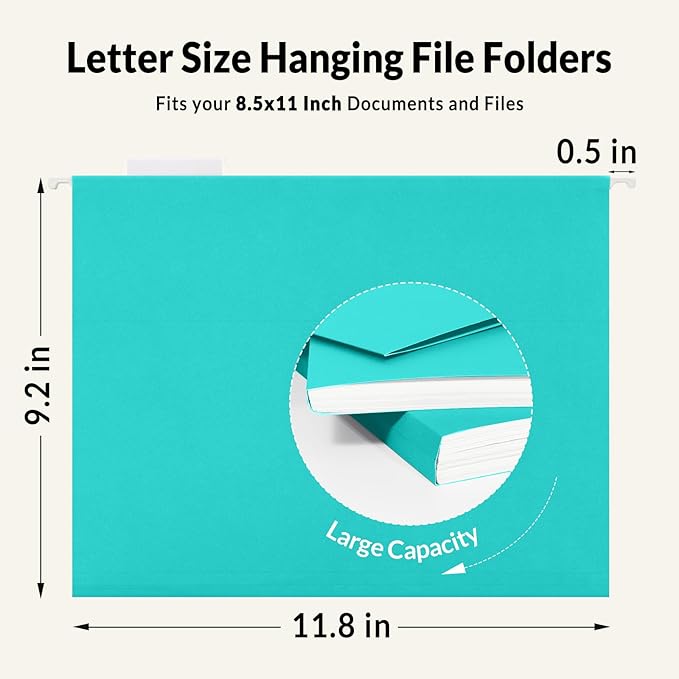 SUNEE Hanging File Folders Teal, 25 Pack Letter Size File Folders with 1/5-cut Tabs, Stay Organized for Your Home and Office Bulk File and Documents
