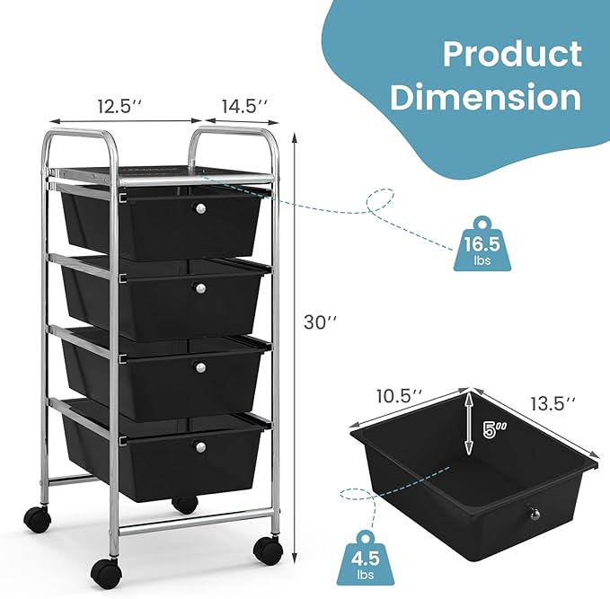 COSTWAY Rolling Storage Cart with 4 Drawers, Plastic Storage Cart and Organizer w/ 4 Removable Drawers, Multipurpose Organizer Cart for Home Scrapbook Paper Office School Tools (Black)