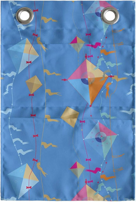 Ambesonne Kites Hanging Pocket Organizer, Vibrant Flying Kite on Cables with Flags Happy Joyful Summer Activity Illustration, Printed Polyester Storage Bag with Pockets, 14" x 20", Multicolor