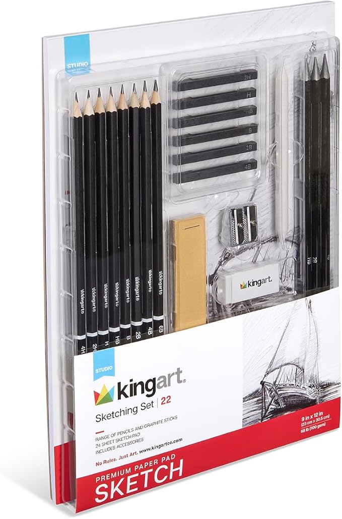 KINGART 22-Piece Professional Sketching Kit with 9x12 Drawing Pad – Includes 12 Graphite Pencils, 6 Soft Pastels, Blending Stump, Kneaded Eraser, and Sharpener – Versatile Artist Set for Shading