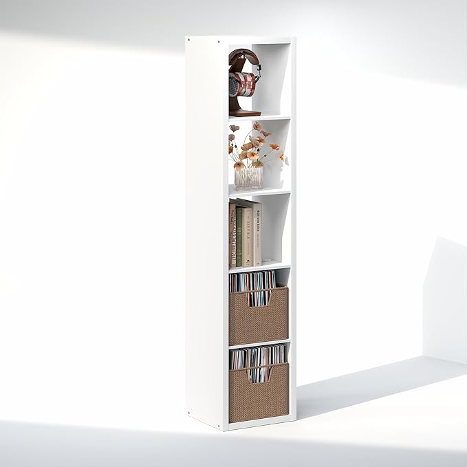 Furinno Cubicle Record Player Stand with Vinyl Storage, 5-Cube 1.2 Extra Thick Vinyl Record Storage, Open Back Media Shelf for CD DVD Blueray Game Disc, for Living Room, Home Office, White