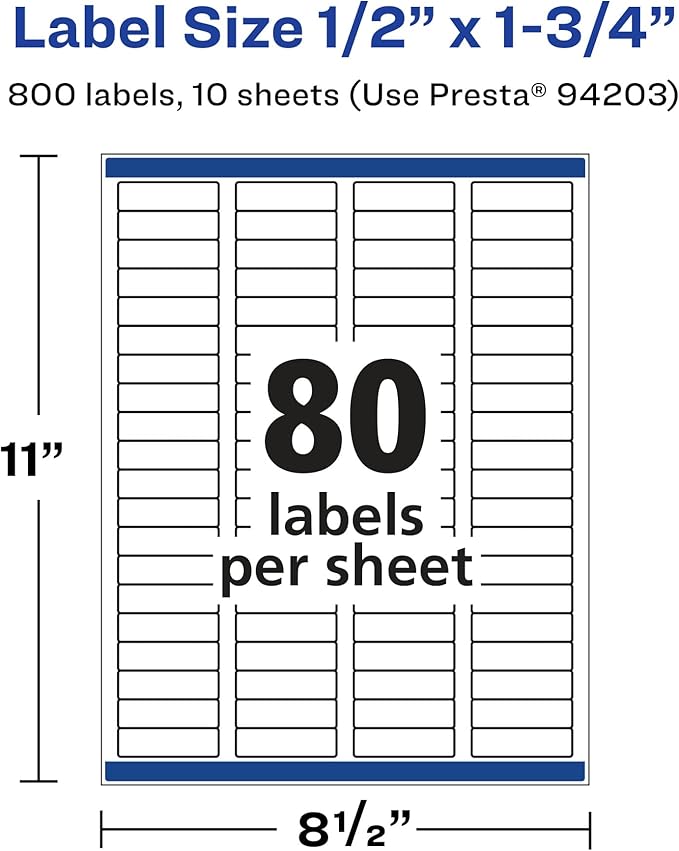 Avery Printable Durable White Rectangle Labels, Sure Feed Technology, 0.5" x 1.75", Waterproof Labels, Laser & Pigment-Based Inkjet Compatible, 800 Total