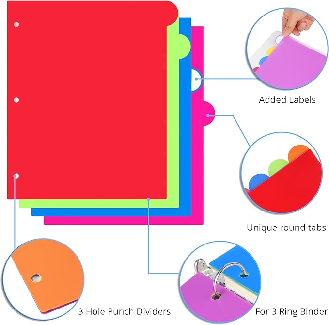 Dividers for 3 Ring Binder, 8-Tabs Dividers Bulk 96 Pcs 12 Set Plastic Binder Dividers with Tabs, 3 Hole Punched Dividers Letter Size for School Office, 8 Assorted Bright Rainbow Colors