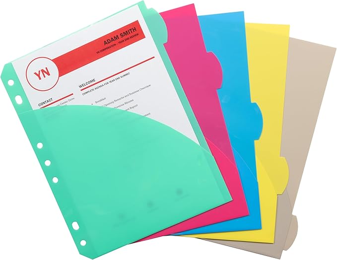 C-Line Mini Size 5-Tab Poly Index Dividers with Pockets, for 5.5 x 8.5, 6 x 9 and 8.5 x 11 Binders, Assorted Colors, One 5-Tab Set (03750)