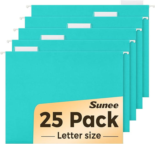 SUNEE Hanging File Folders Teal, 25 Pack Letter Size File Folders with 1/5-cut Tabs, Stay Organized for Your Home and Office Bulk File and Documents