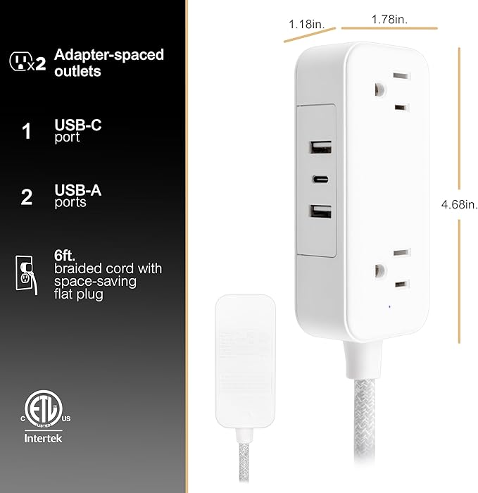 GE Flat Plug Power Strip Extension Cord with USB Ports, Travel Power Strip with 2 Outlets 3 USB Ports, Cruise Ship Essentials, 6 Ft Braided Small Extension Cord Flat Wall Plug, ETL Listed White, 81597