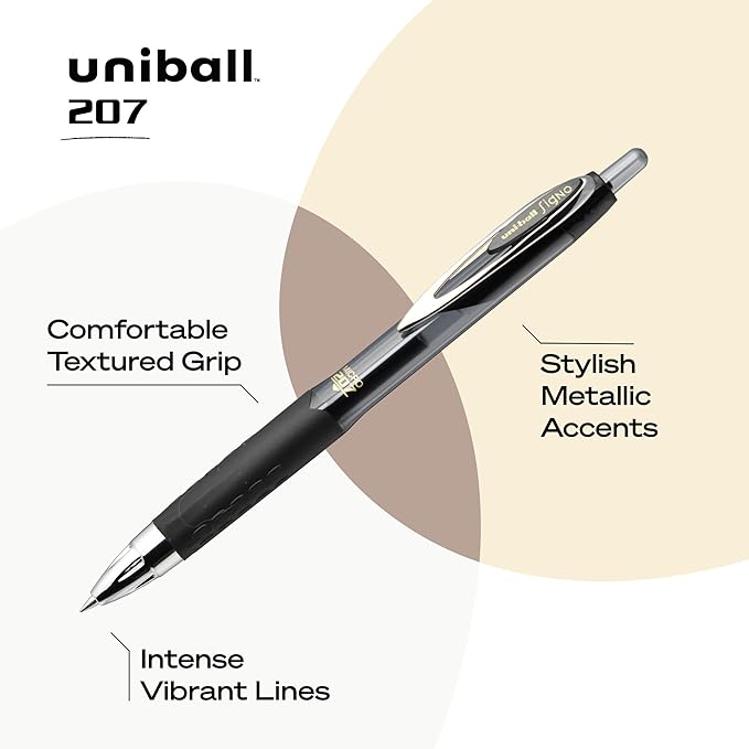 uniball 207 Retractable Gel Pens, Micro Point (0.5mm), Black, 12 Pack