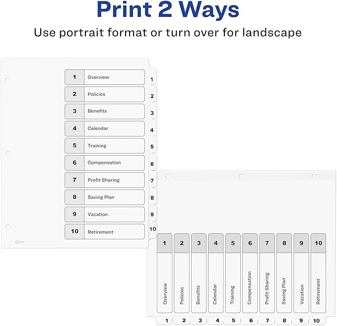 Avery Dividers for 3 Ring Binders, 10 Tabs per Set, Customizable Table of Contents, Classic White Tabs, Great for Organizing Reports, Projects, and More (11134)