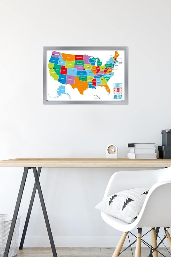 Trends International Map - United States Of America 2022 Wall Poster, 14.725" x 22.375", Silver Framed Version