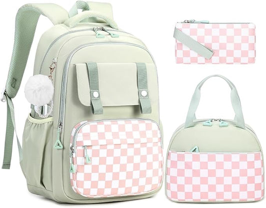 Girls Backpack with Lunch Box 3Pcs, Waterproof School Bag Set for Teen Elementary Middle School, Multi-Pocket Laptop Bookbag Lightweight, Green