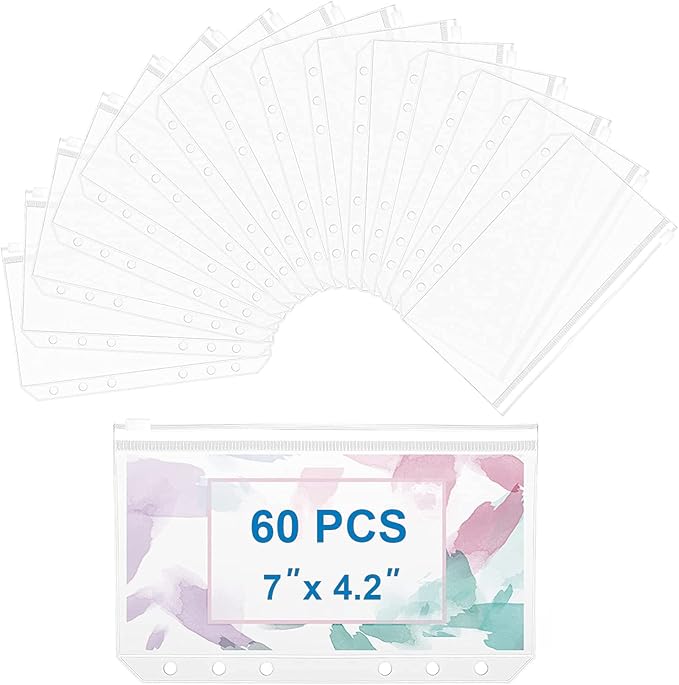 60pcs A6 Binder Pockets 6 Holes Zipper Folders Clear PVC Card Loose Leaf Bags Cash Envelopes for Budgeting Binder Waterproof Document Filing Bags for 6 Ring Notebook Planner Inserts