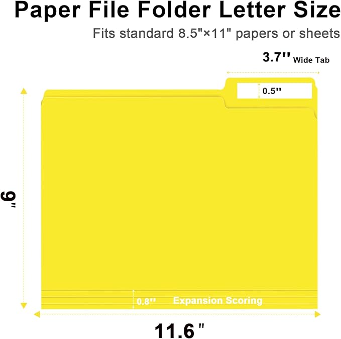 File Folders, 100-Pack, 1/3 Cut, Letter Size, Yellow, Great for Organizing and Easy File Storage
